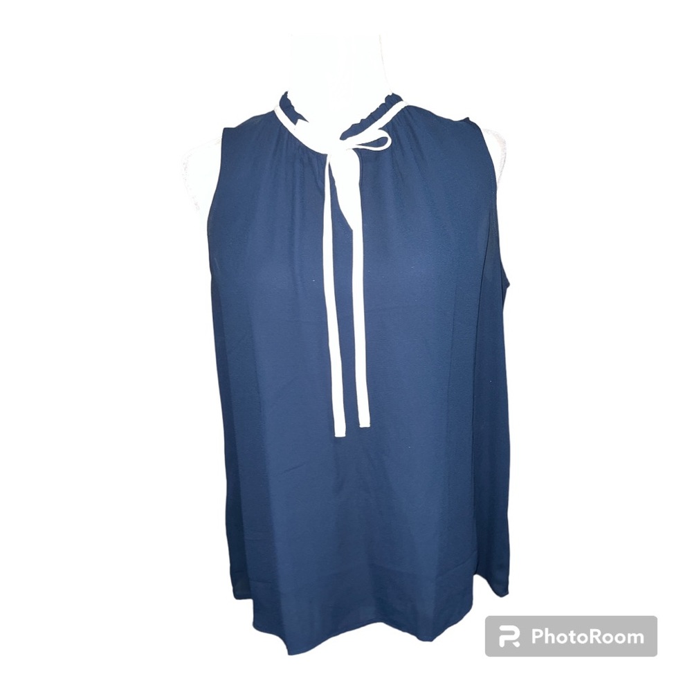 LOFT Outlet Navy Ruffle Mock Neck Tie Neck Sleeveless Blouse Sz M